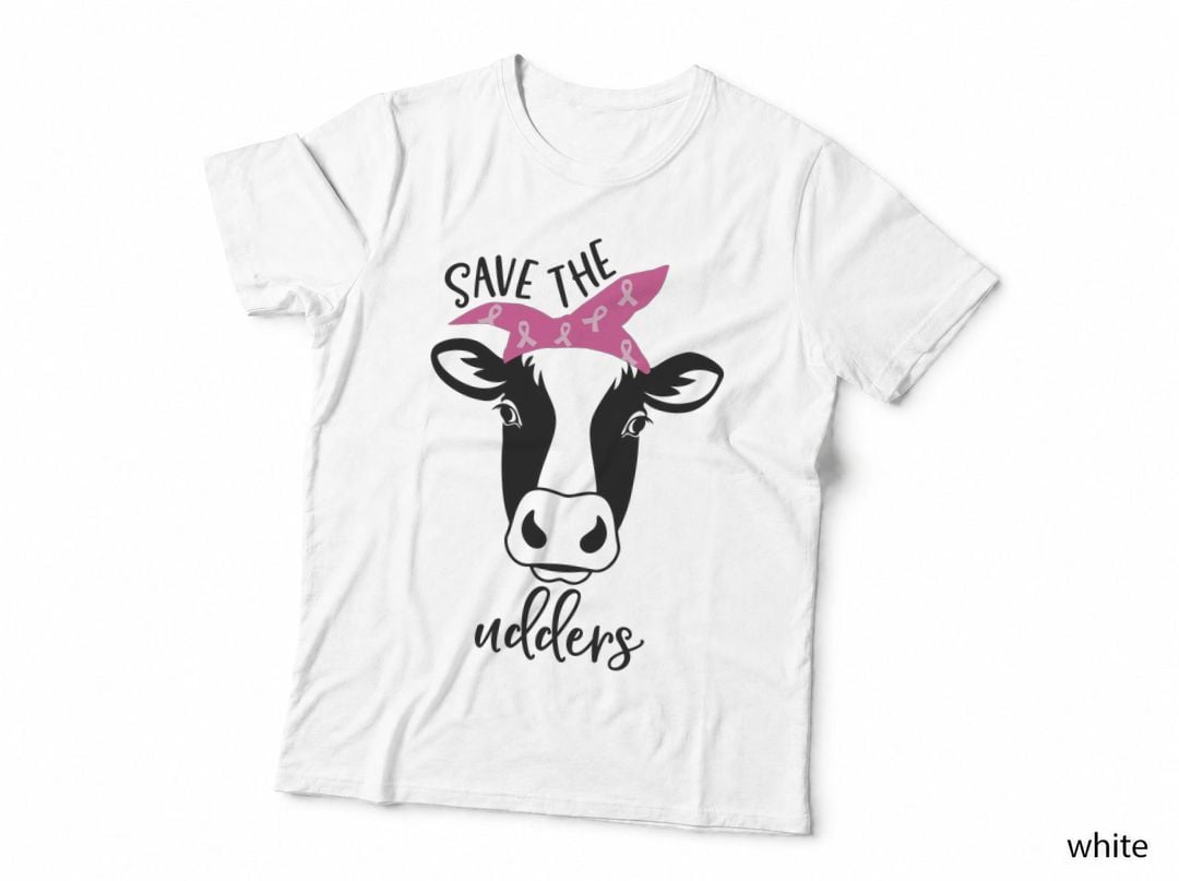 Save the Udders Breast Cancer T-Shirt, Cow Wearing Pink Ribbon Graphic Tee