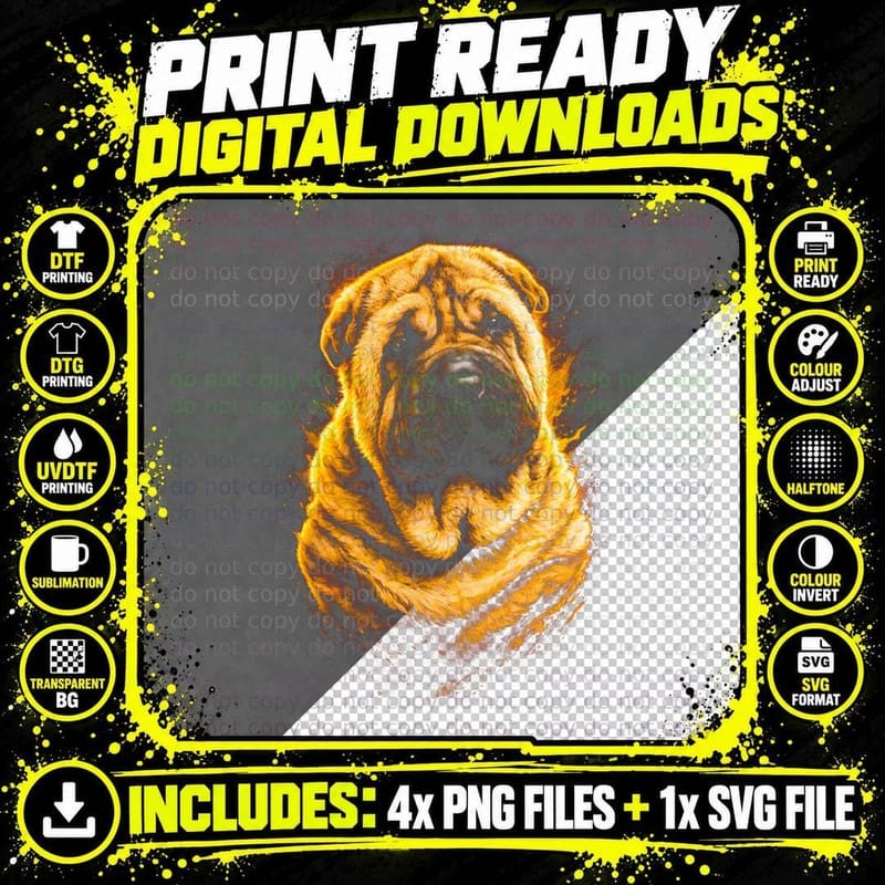 Shar Pei T-Shirt, Halftone Fire Shar Pei Graphic Tee Png SVG Digital Bundle