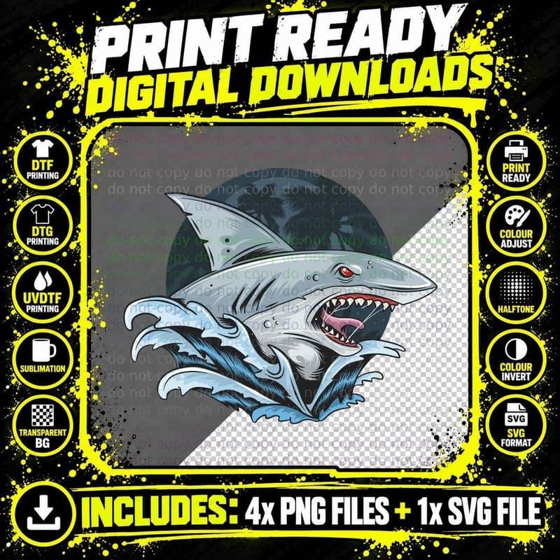 Shark Illustration Great White Blue Red Teeth Water Png SVG Digital Bundle