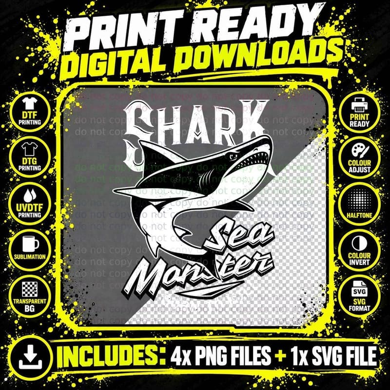Shark Sea Monster Born to Kill Creature Monochrome Png SVG Digital Bundle