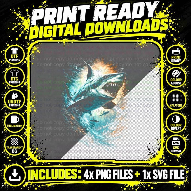 Shark T-Shirt, Halftone Great White Shark Graphic Tee Png SVG Digital Bundle