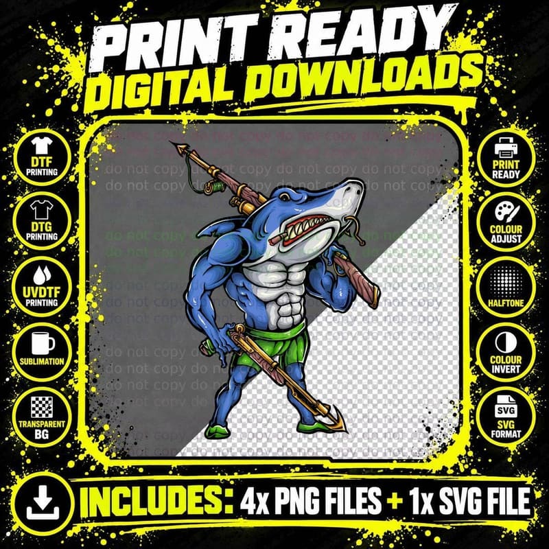 Shark Warrior Blue Fish Muscular T-Shirt Png SVG Digital Bundle