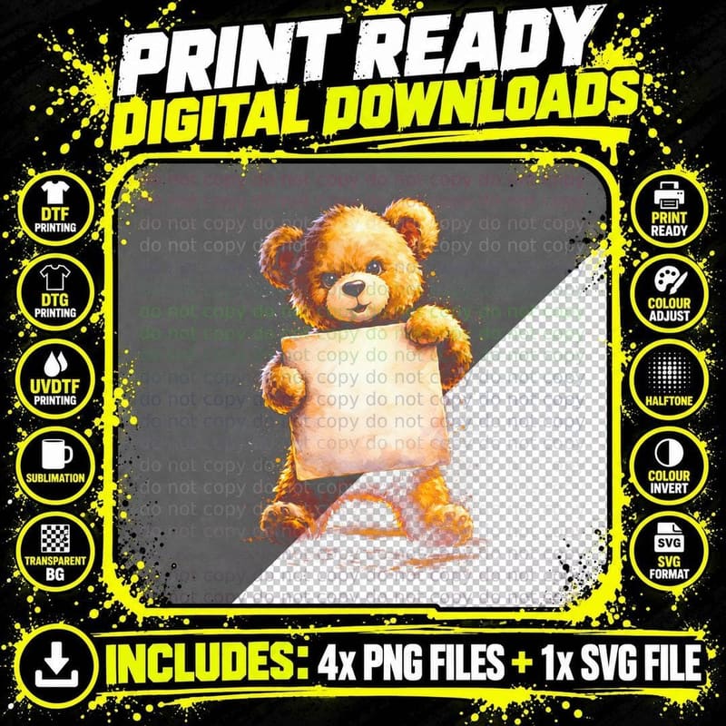 Sign Holding Teddy Bear T-Shirt, Halftone Cute Teddy Png SVG Digital Bundle