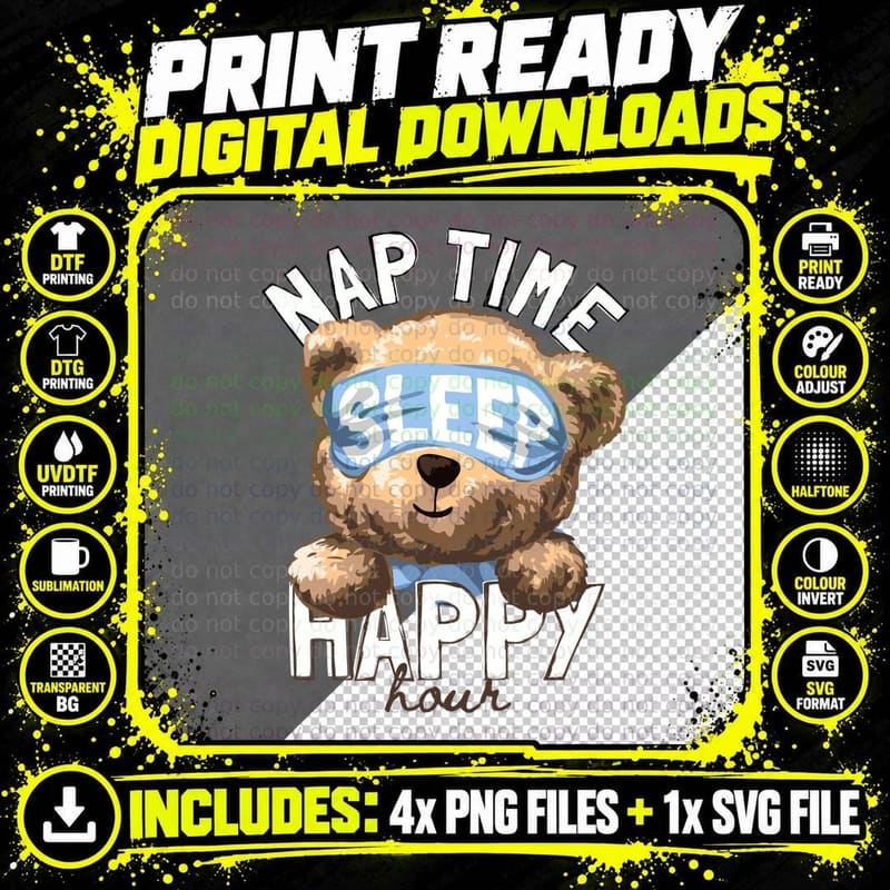 Sleepy Bear Nap Time Sleep Happy Hour with Blue Mask Png SVG Digital Bundle