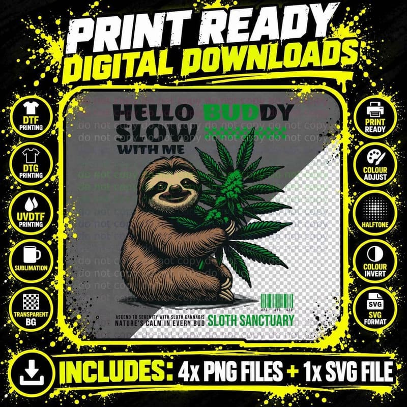 Sloth Hug Cannabis Plant T-Shirt Png SVG Digital Bundle