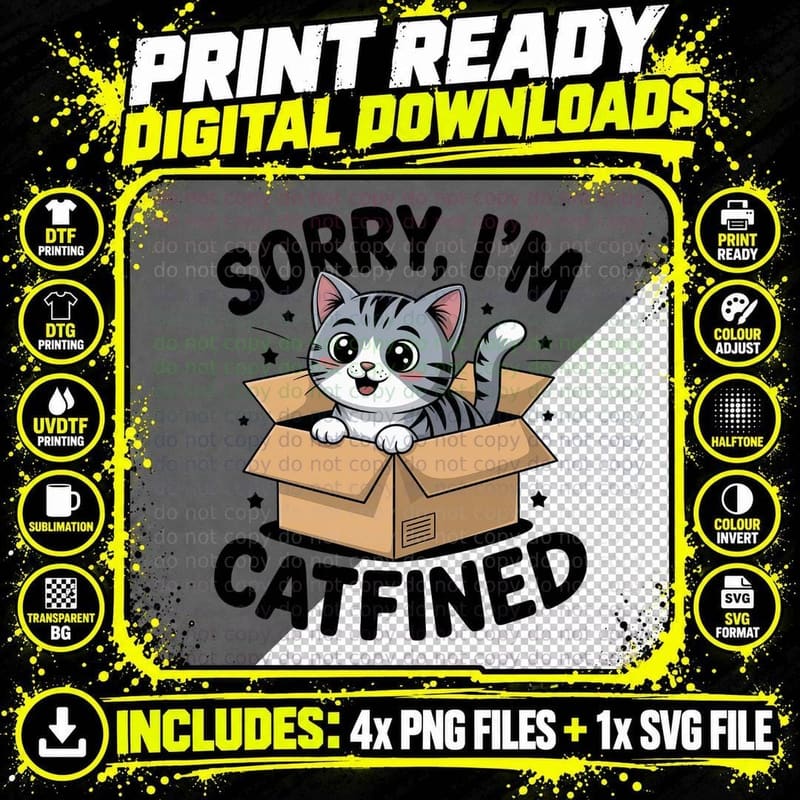 Sorry I'm Catfined Cat T-Shirt, Cat in Box with Stars Png SVG Digital Bundle