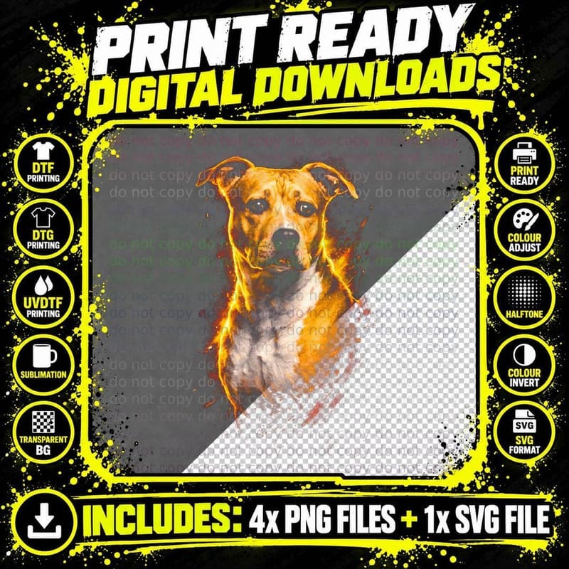 Staffordshire Terrier T-Shirt, Halftone Fire Staffy Png SVG Digital Bundle