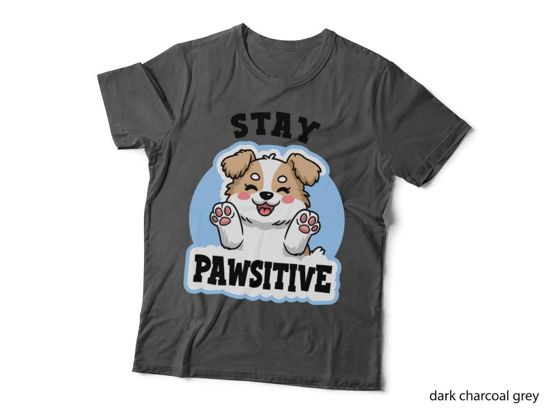 Stay Pawsitive Boho Floral Quote T-Shirt, Smiling Dog with Paws up Graphic Tee