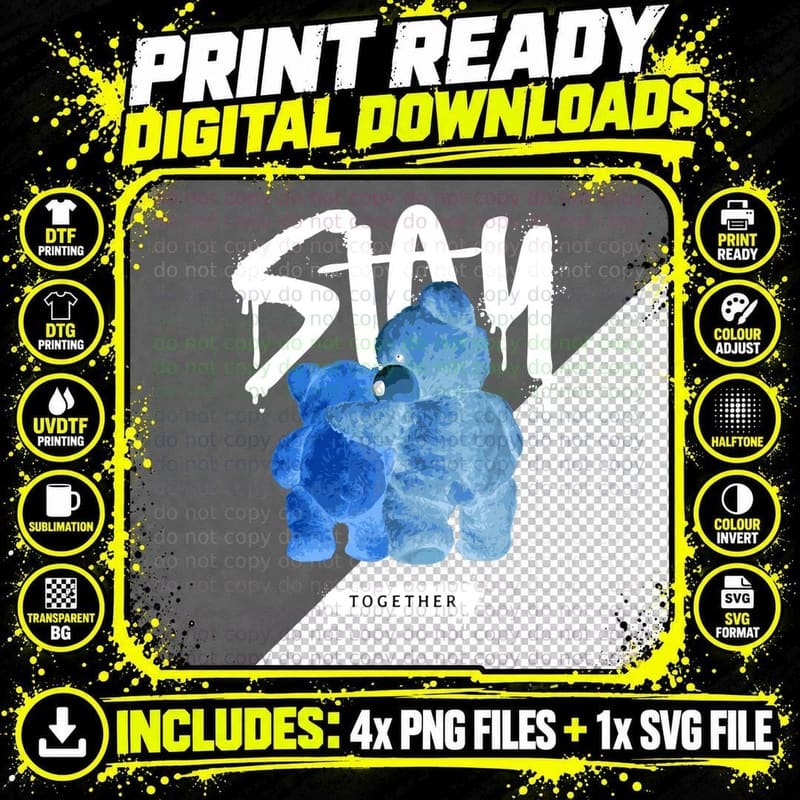 Stay Together Two Blue Bears Neon Outline Streetwear Png SVG Digital Bundle