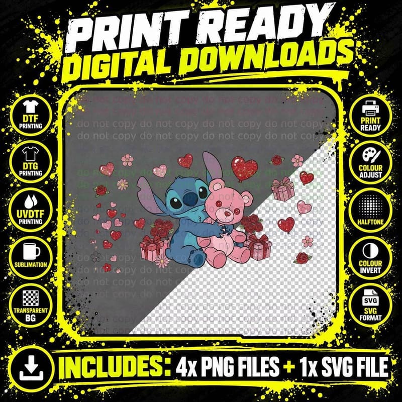 Stitch Blue Pink Teddy Bear Hearts Gift Cute T-Shirt Png SVG Digital Bundle