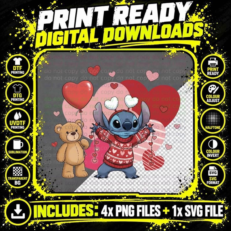 Stitch and Angel Teddy Bear Hearts T-Shirt Png SVG Digital Bundle