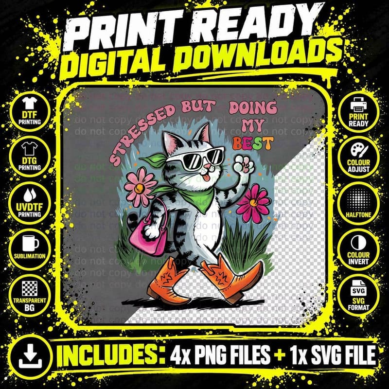 Stressed but Doing My Best Cat T-Shirt Png SVG Digital Bundle