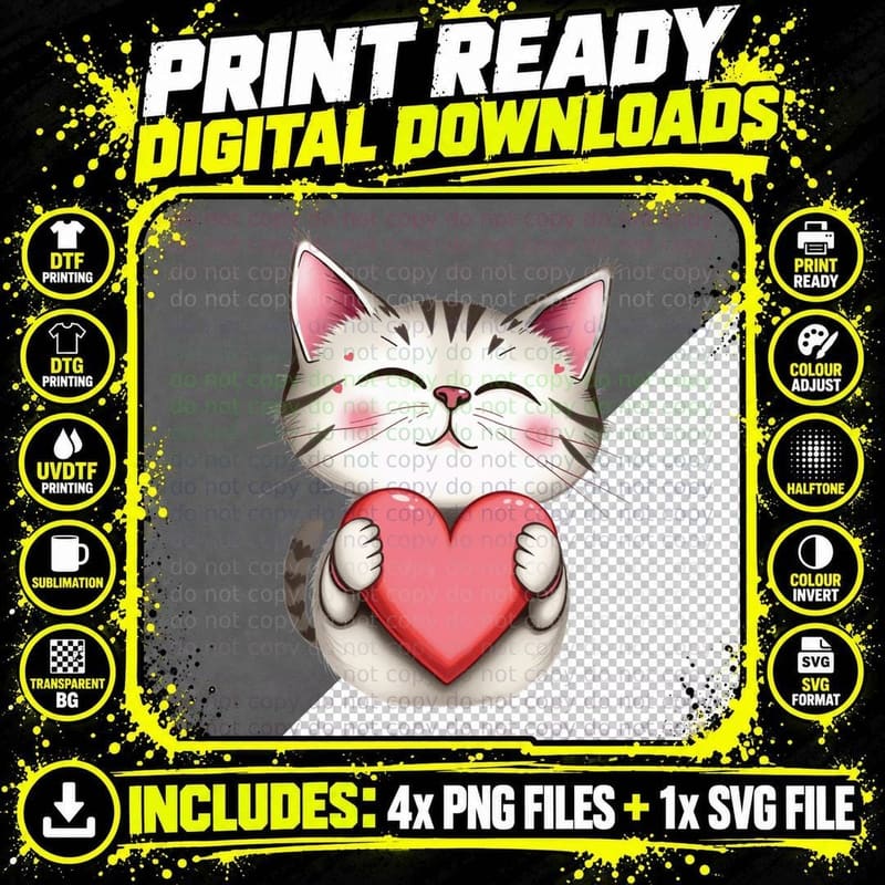 Striped Cat Smiling White and Brown Kitten Holding Heart Png SVG Digital Bundle