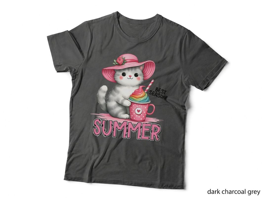 Summer Best Season! Cat T-Shirt, Adorable Kitten with Ice Cream Graphic Tee
