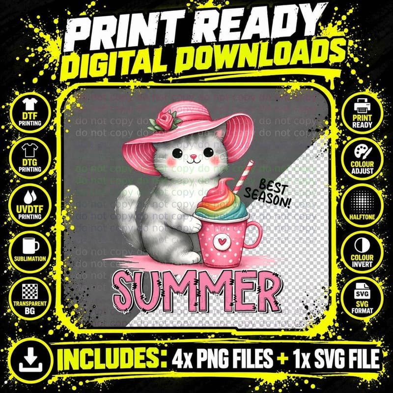 Summer Best Season! Cat T-Shirt, Adorable Kitten with Png SVG Digital Bundle