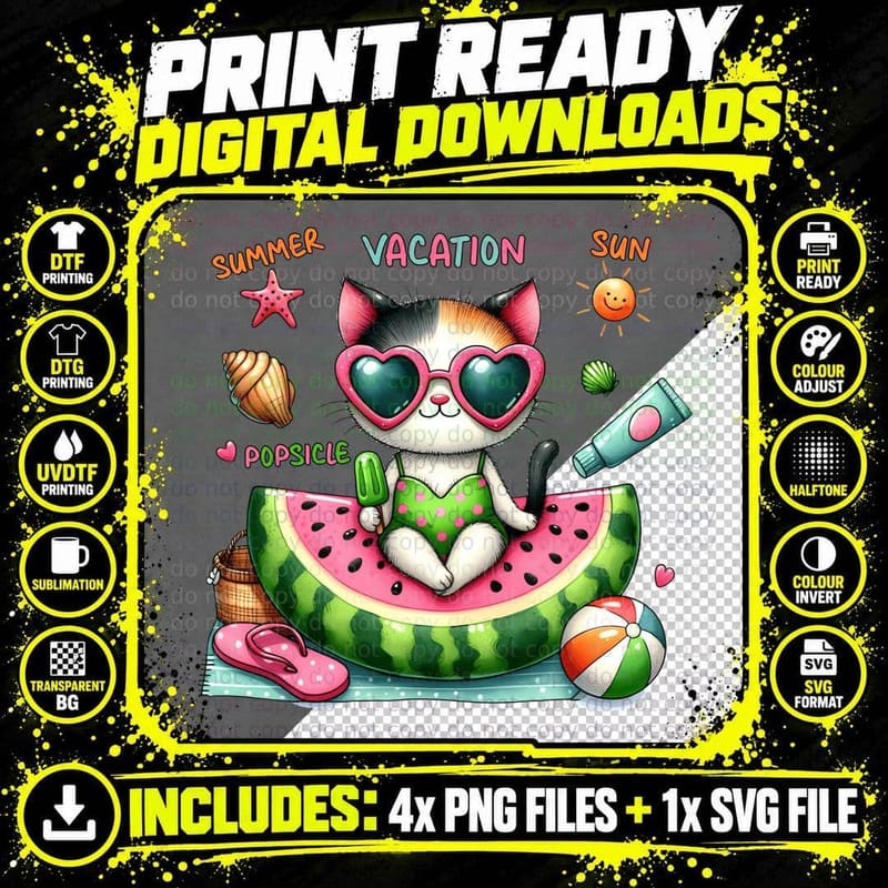 Summer Vacation Sun Cat T-Shirt, Summer Vacation Cat on Png SVG Digital Bundle