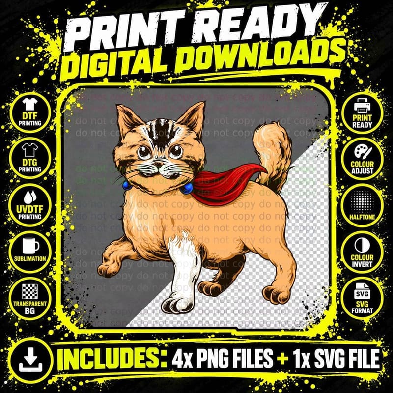 Superhero Cat Red Cape Flying Bold T-Shirt Png SVG Digital Bundle