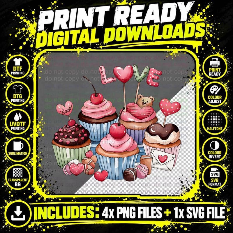 Sweet Tooth Love Colorful Cupcakes with Teddy Bear Png SVG Digital Bundle
