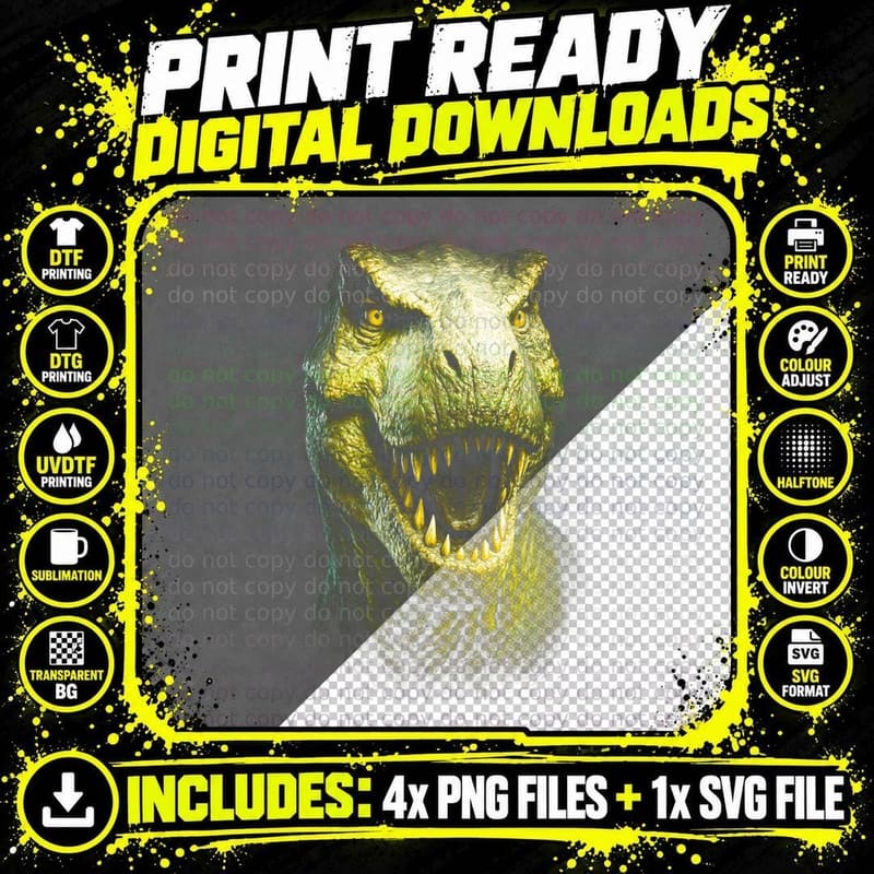 T-Rex T-Shirt, Halftone Dinosaur Portrait Graphic Tee Png SVG Digital Bundle