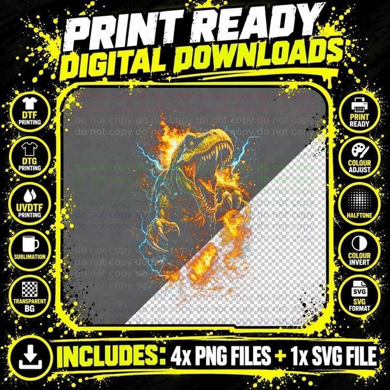 T-Rex T-Shirt, Halftone Fire Roaring T-Rex Graphic Tee Png SVG Digital Bundle