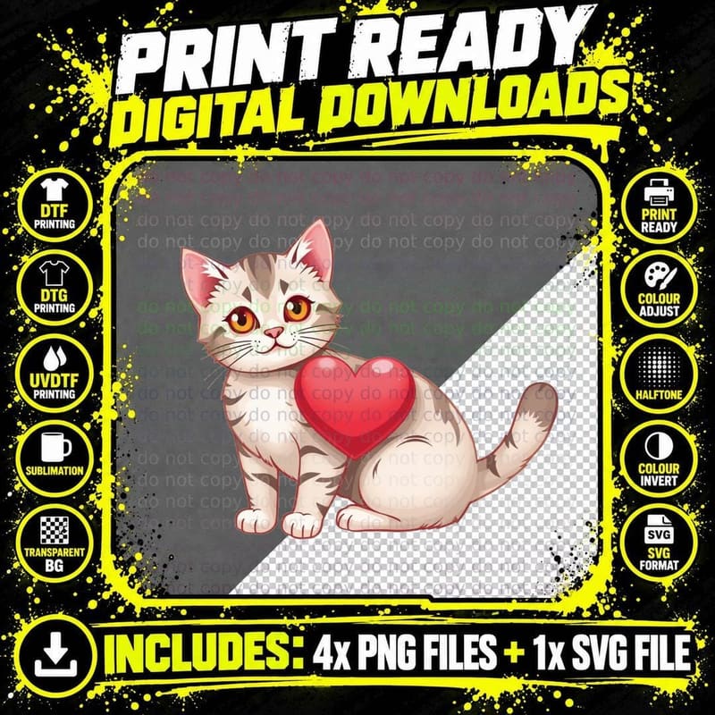 Tan Tabby Kitten Light Holding Red Heart Cute T-Shirt Png SVG Digital Bundle