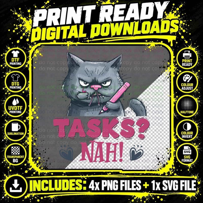 Tasks Nah! Cat T-Shirt, Angry Cat Holding Pencil Graphic Png SVG Digital Bundle