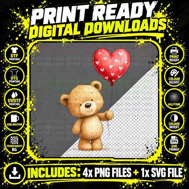 Teddy Bear Brown Holding Red Heart Balloon T-Shirt Png SVG Digital Bundle
