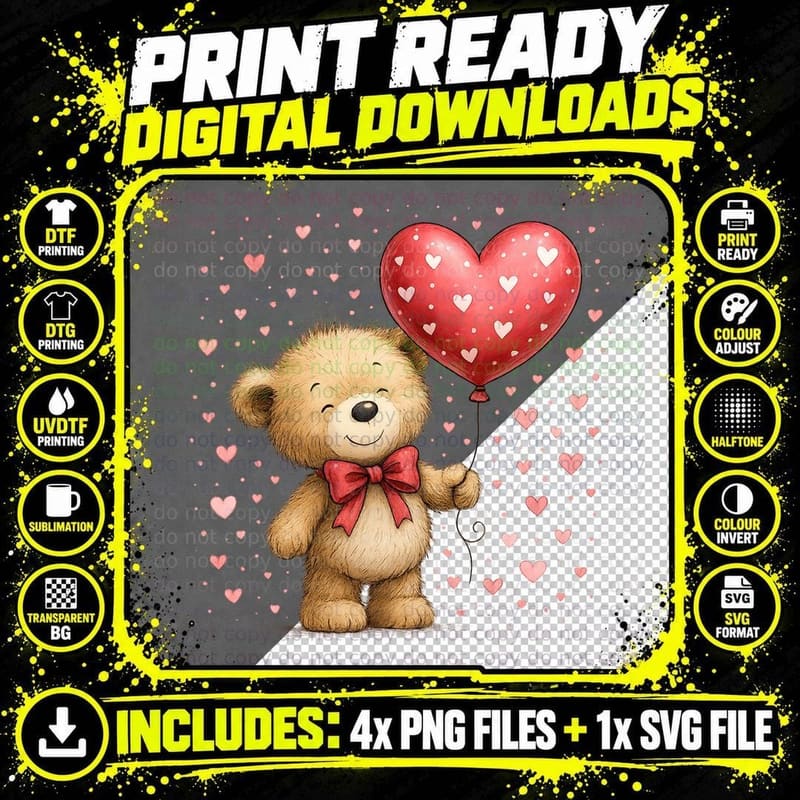 Teddy Bear Brown with Red Heart Balloons T-Shirt Png SVG Digital Bundle
