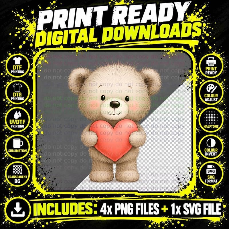 Teddy Bear Cream Holding Large Red Heart T-Shirt Png SVG Digital Bundle