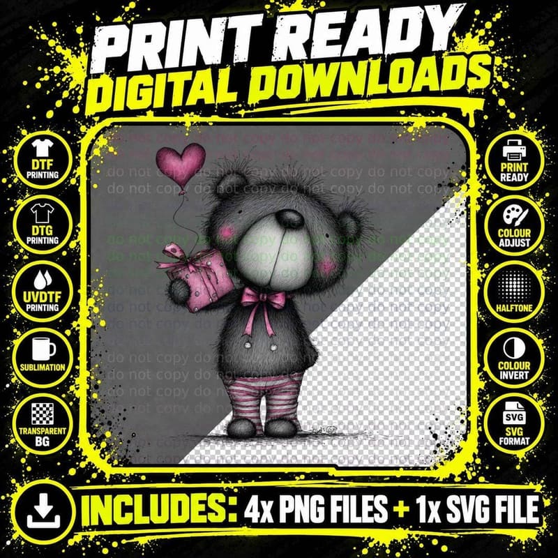 Teddy Bear Dark Pink Heart Balloon Ribbon Cute T-Shirt Png SVG Digital Bundle