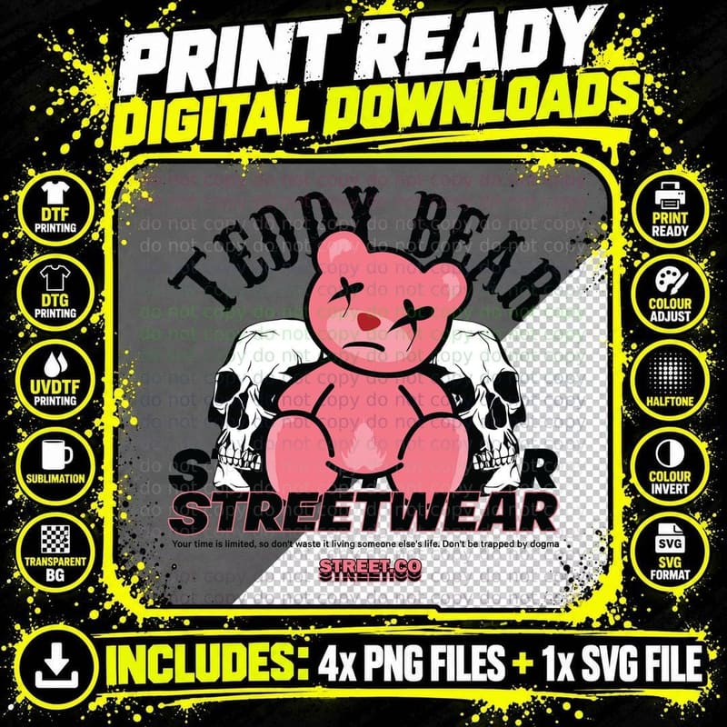 Teddy Bear Street.co Streetwear Sad Skull Black T-Shirt Png SVG Digital Bundle