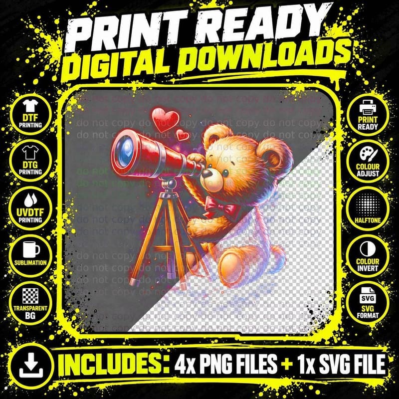 Telescope Stargazing Bear T-Shirt, Halftone Cute Teddy Png SVG Digital Bundle