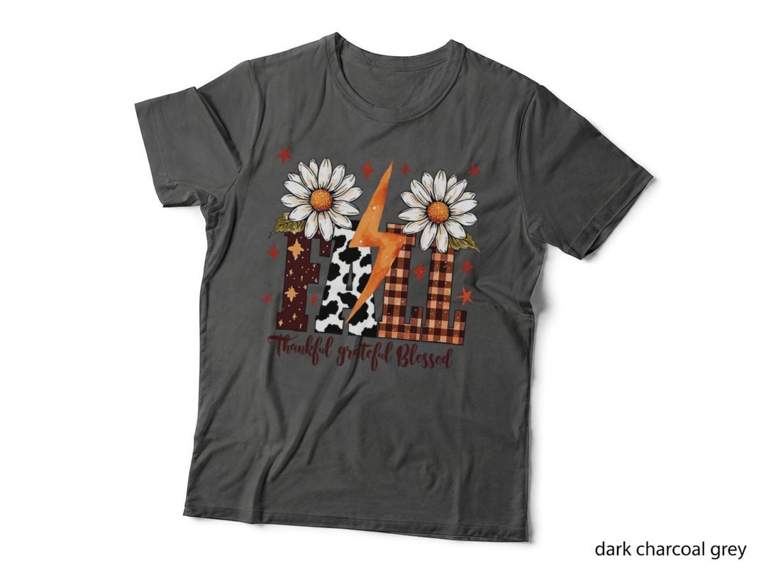 Thankful Grateful Blessed Fall T-Shirt, Daisy Flowers Daisies Cow Print Harvest