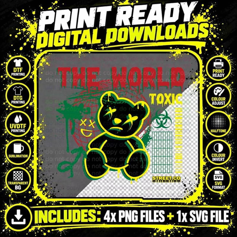 The World Toxic Street.co Yellow Neon Bear Pollution Png SVG Digital Bundle
