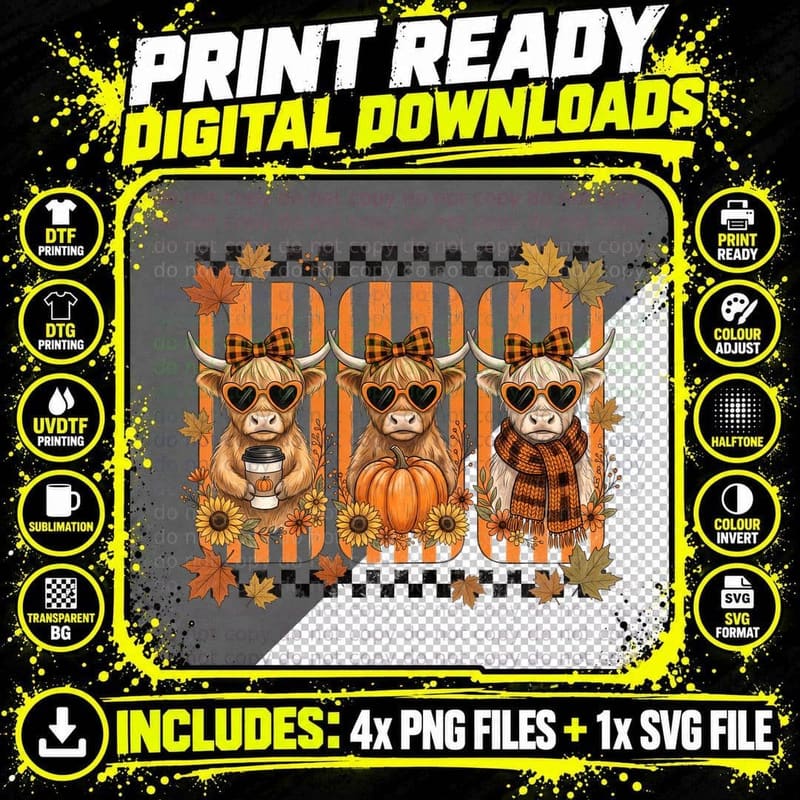 Three Highland Cattle Sunflowers Plaid Fall T-Shirt Png SVG Digital Bundle