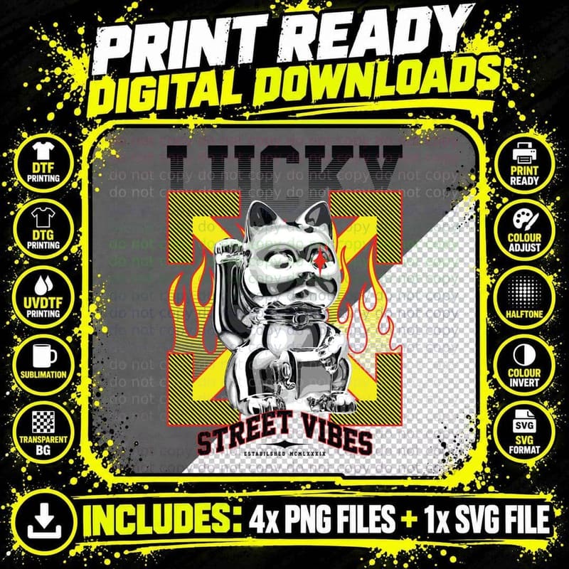 Ticky Lucky Street Vibes Established Mcmlxxxix Cat Png SVG Digital Bundle