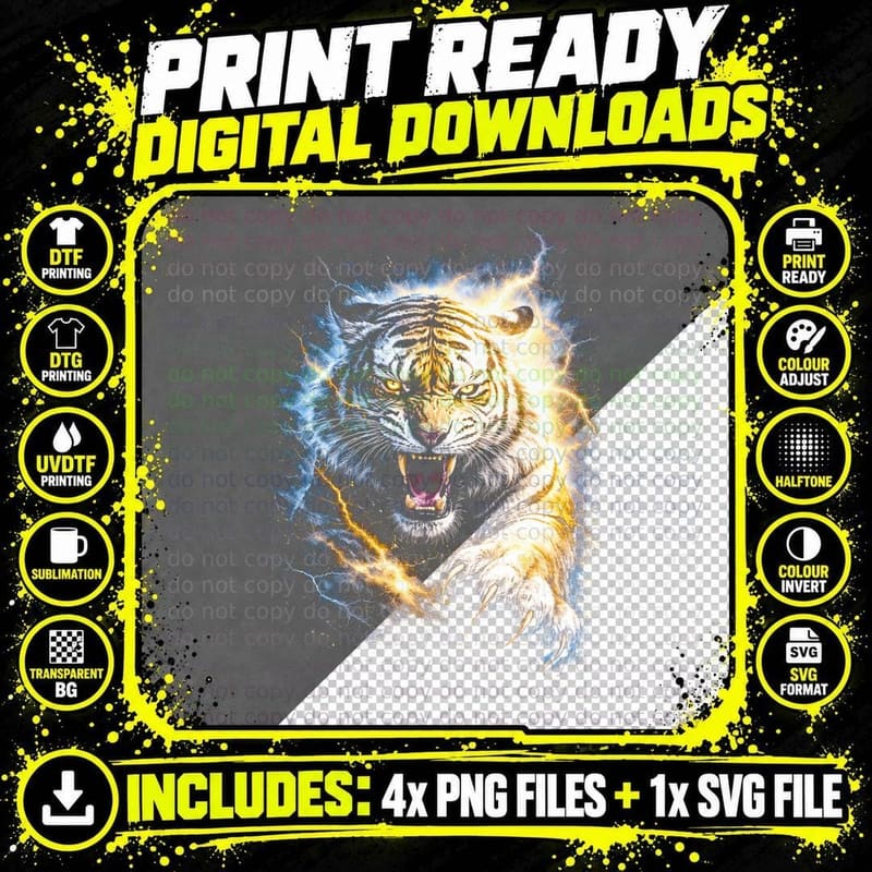 Tiger T-Shirt, Halftone Electric Lightning Tiger Graphic Png SVG Digital Bundle