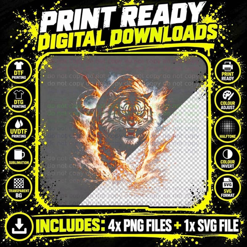Tiger T-Shirt, Halftone Fire Roaring Tiger Graphic Tee Png SVG Digital Bundle
