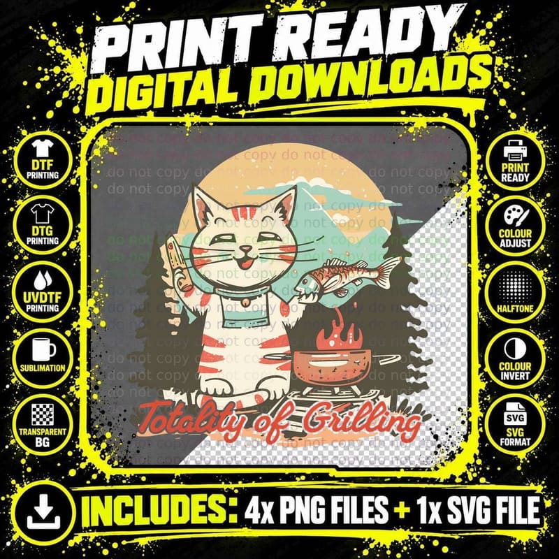 Totality of Grilling Cat T-Shirt, Cat Grilling Fish in Png SVG Digital Bundle