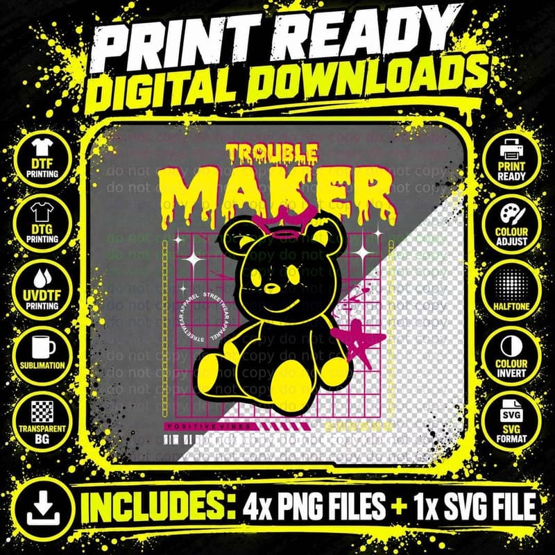 Trouble Maker Yellow Bear Black Grid Retro Y2k T-Shirt Png SVG Digital Bundle