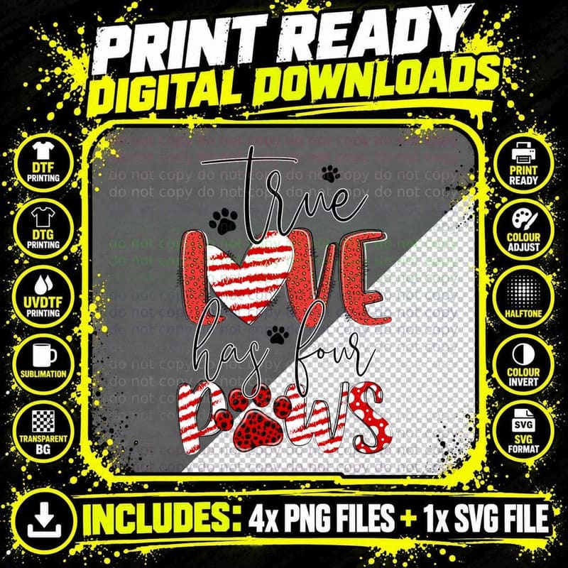 True Love Has Four Paws Dog-Themed Paw Prints Striped Png SVG Digital Bundle