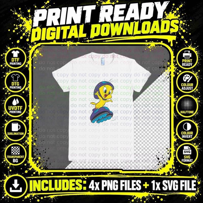 Tweety Bird Character Hover Board Action T-Shirt Png SVG Digital Bundle