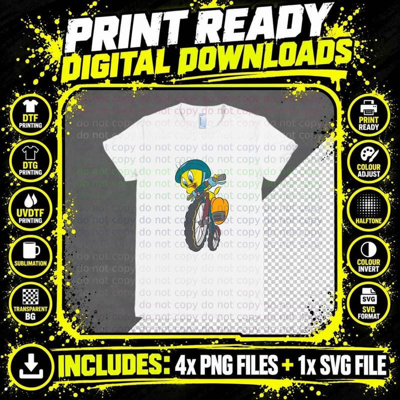 Tweety Bird Character on Bike Cartoon Yellow T-Shirt Png SVG Digital Bundle