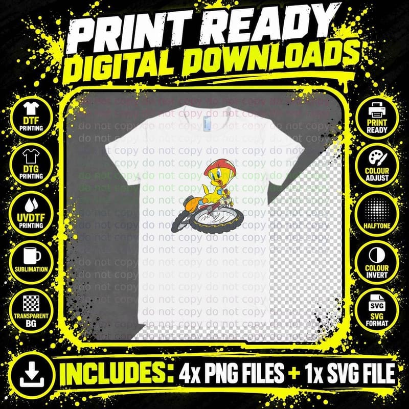 Tweety Bird Character on Tire Cartoon Yellow T-Shirt Png SVG Digital Bundle