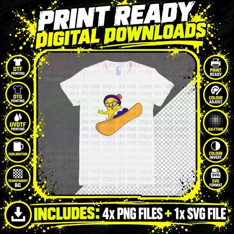Tweety Bird Yellow Character Sled Action T-Shirt Png SVG Digital Bundle