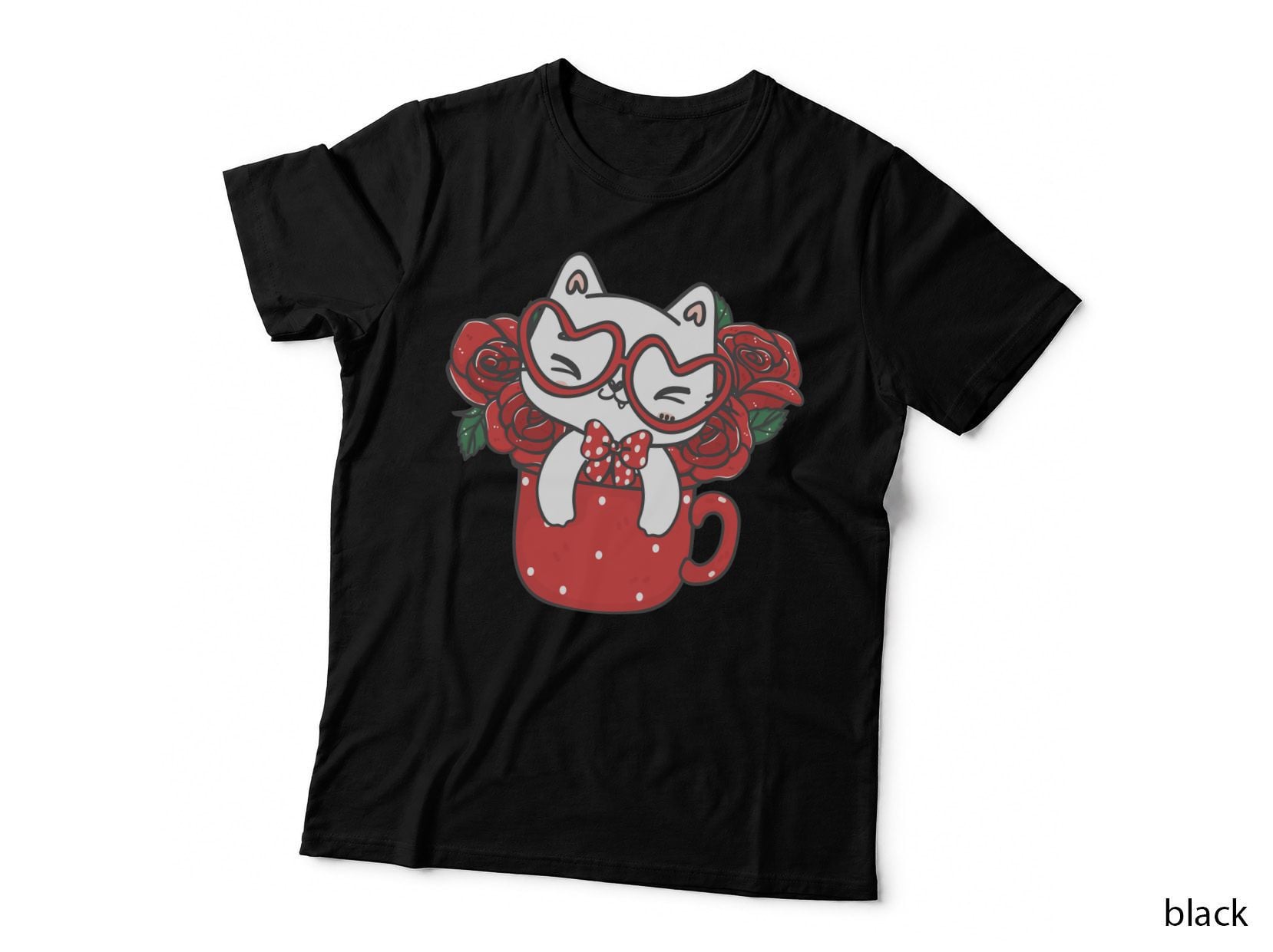 Two Maneki-Neko Cats White Lucky with Heart Faces Red Roses Cup T-Shirt