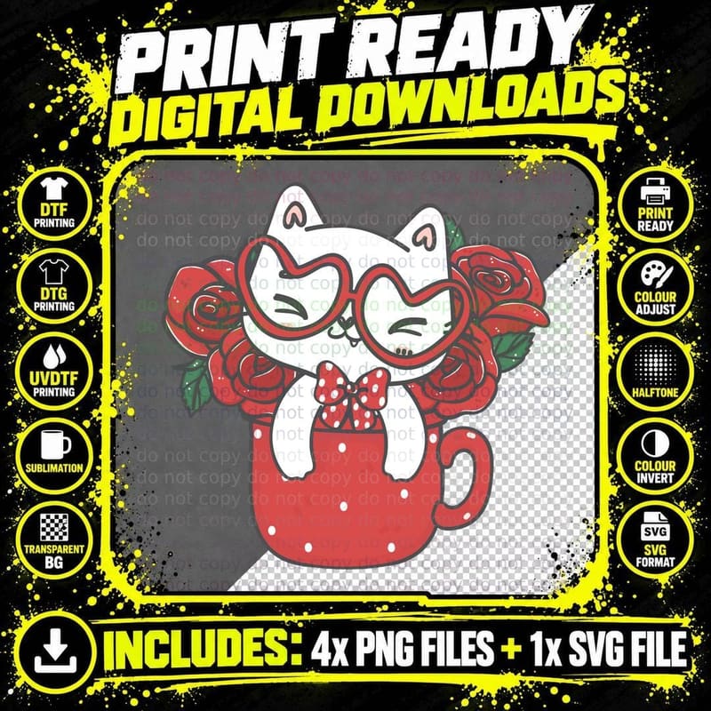 Two Maneki-Neko Cats White Lucky with Heart Faces Red Png SVG Digital Bundle