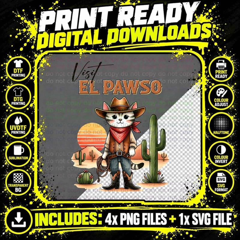 Visit El Pawso Cat T-Shirt, Cowboy Cat in Desert Graphic Png SVG Digital Bundle