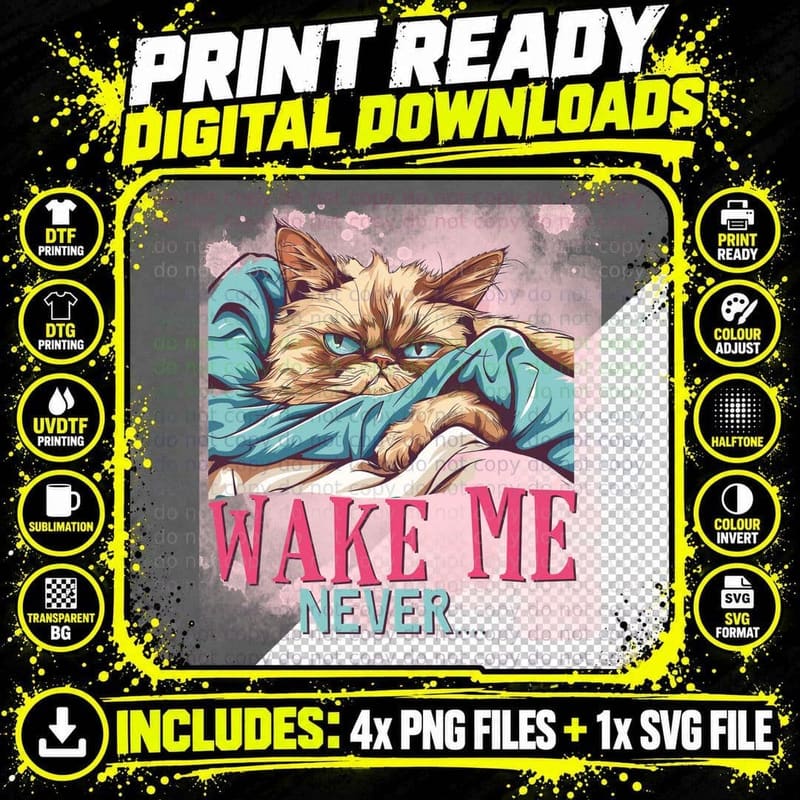 Wake Me Never... Cat T-Shirt, Sleepy Cat Under Blanket Png SVG Digital Bundle