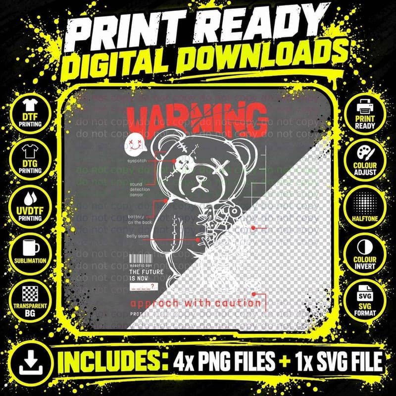 Warning Robot 001 the Future Is Now Bear Circuit Board Png SVG Digital Bundle